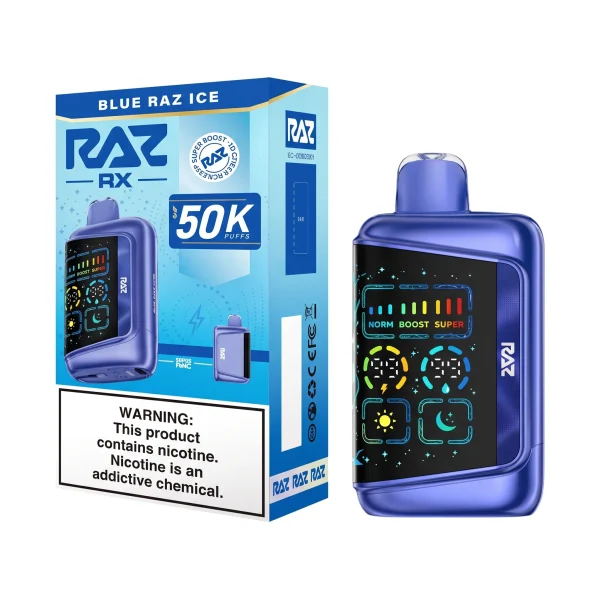 Blue Raz Ice RAZ RX 50K disposable vape, up to 50,000 puffs, 19mL, 5% nicotine, Texas compliant, iced