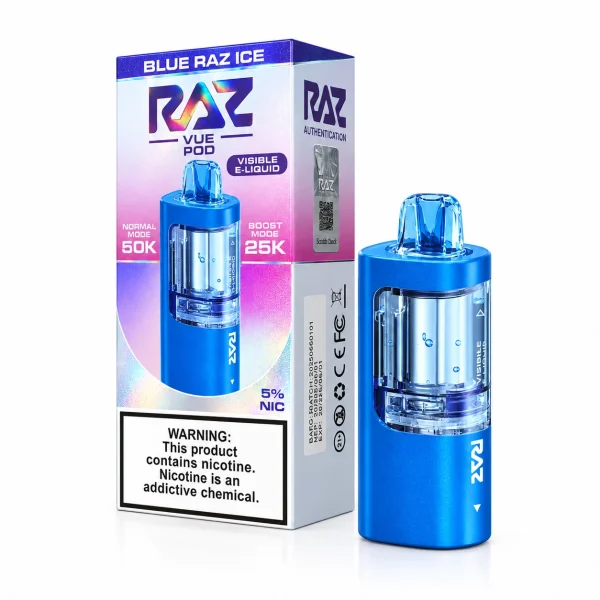 Blue Raz Ice RAZ Vue 50K disposable pod — blue raspberry slushie with menthol, 50,000 puffs, Texas compliant, iced