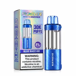 Blue Razz Ice Foger Switch Pro 30K disposable pod and retail box — tangy blue raspberry, iced — JellyPuffs