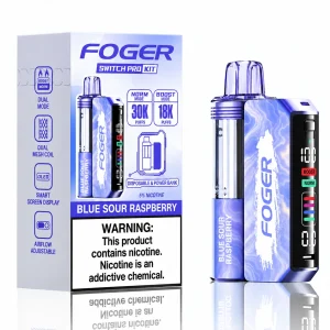 Blue Sour Raspberry Foger Switch Pro 30K disposable vape kit with smart-screen power bank and retail box — tart candied blue raspberry, no ice — JellyPuffs
