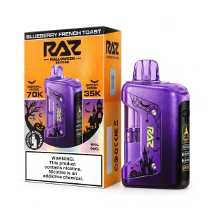 Blueberry French Toast RAZ Vue 70K Halloween Edition disposable vape kit, 1000mAh power bank and 17mL pod, 5% nicotine, up to 70,000 puffs, no ice