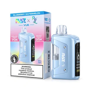 Blueberry Watermelon RAZ x RYL Vue 70K disposable vape kit, 1000mAh power bank and 17mL pod, 5% nicotine, up to 70,000 puffs, no ice