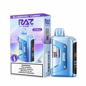 Blueberry Yummy RAZ Vue 50K disposable vape kit, 900mAh power bank and 13mL pod, 5% nicotine, up to 50,000 puffs, no ice