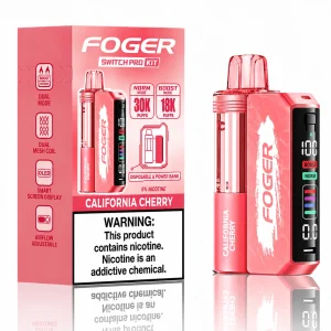 California Cherry Foger Switch Pro 30K disposable vape kit with smart-screen power bank and retail box — bright sun-ripened cherry, no ice — JellyPuffs