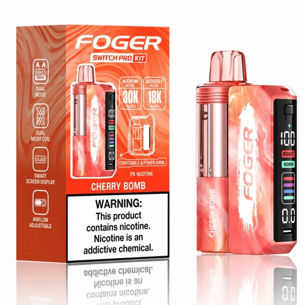 Cherry Bomb Foger Switch Pro 30K disposable vape kit with smart-screen power bank and retail box — bold sweet cherry candy burst, no ice — JellyPuffs