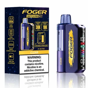 Clear Foger Switch Pro 30K disposable vape kit with smart-screen power bank and retail box — unflavored, pure nicotine salt, no ice — JellyPuffs