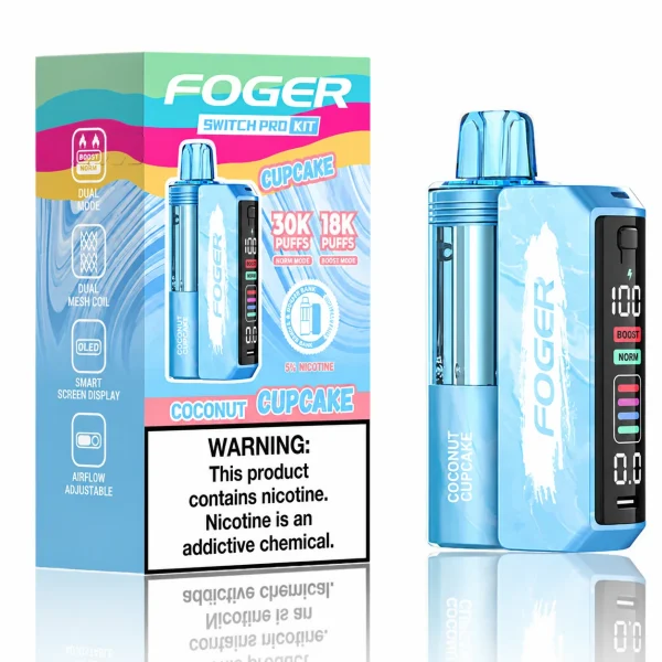 Coconut Cupcake Foger Switch Pro 30K disposable vape kit with smart-screen power bank and retail box — toasted coconut cream vanilla cupcake, no ice — JellyPuffs