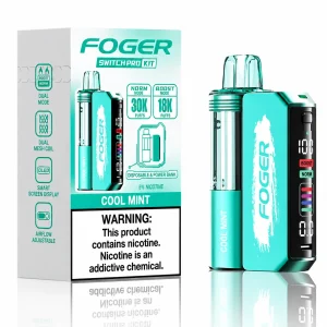 Cool Mint Foger Switch Pro 30K disposable vape kit with smart-screen power bank and retail box — clean crisp pure menthol, iced — JellyPuffs