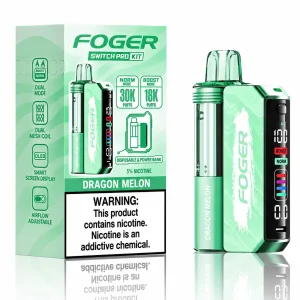 Dragon Melon Foger Switch Pro 30K disposable vape kit with smart-screen power bank and retail box — velvety dragon fruit and sweet melon, no ice — JellyPuffs