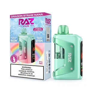 Dragon Straw Nana RAZ Vue 50K disposable vape kit, 900mAh power bank and 13mL pod, 5% nicotine, up to 50,000 puffs, no ice