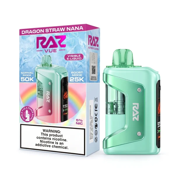 Dragon Straw Nana RAZ Vue 50K disposable vape kit, 900mAh power bank and 13mL pod, 5% nicotine, up to 50,000 puffs, no ice