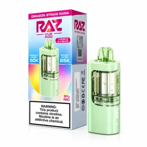 Dragon Straw Nana RAZ Vue 50K disposable pod — dragonfruit, strawberry and banana, 50,000 puffs, no ice