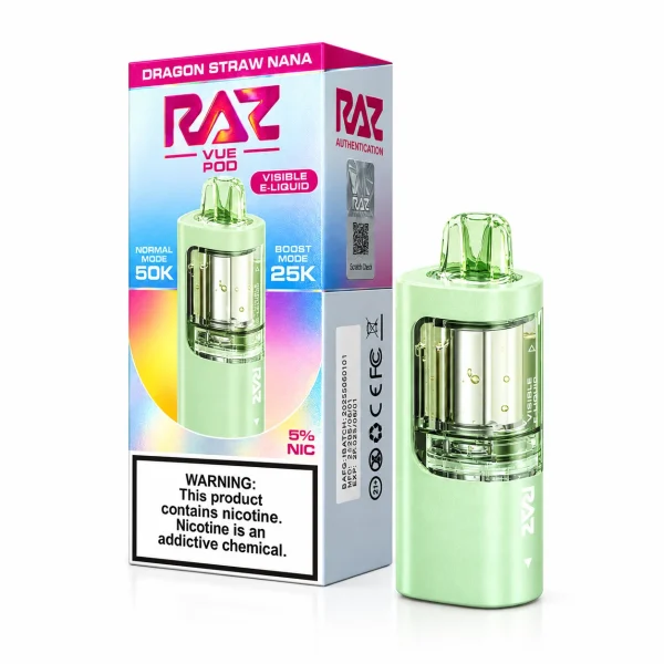 Dragon Straw Nana RAZ Vue 50K disposable pod — dragonfruit, strawberry and banana, 50,000 puffs, no ice