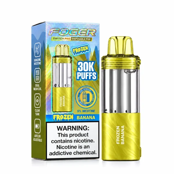 Frozen Banana Foger Switch Pro 30K disposable pod and retail box — creamy banana smoothie, iced — JellyPuffs