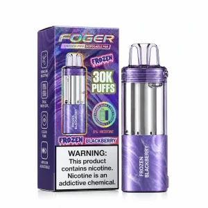 Frozen Blackberry Foger Switch Pro 30K disposable pod and retail box — dark ripe blackberry, iced — JellyPuffs