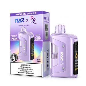 Frozen Grape RAZ x RYL Vue 70K disposable vape kit, 1000mAh power bank and 17mL pod, 5% nicotine, up to 70,000 puffs, iced