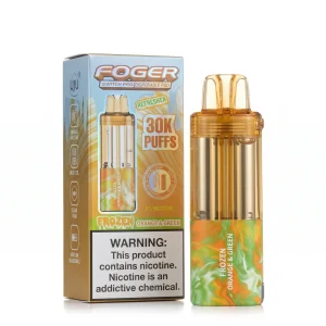 Frozen Orange & Green Foger Switch Pro 30K disposable pod and retail box — juicy orange, crisp green apple and kiwi, iced — JellyPuffs