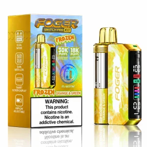Frozen Orange & Green Foger Switch Pro 30K disposable vape kit with smart-screen power bank and retail box — juicy orange, crisp green apple and kiwi, iced — JellyPuffs
