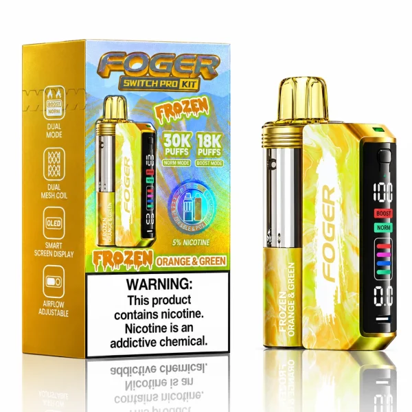 Frozen Orange & Green Foger Switch Pro 30K disposable vape kit with smart-screen power bank and retail box — juicy orange, crisp green apple and kiwi, iced — JellyPuffs
