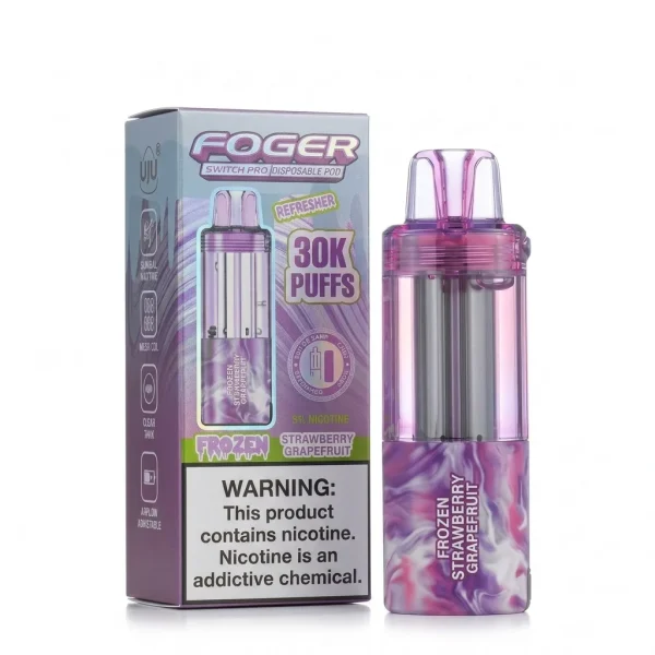 Frozen Strawberry Grapefruit Foger Switch Pro 30K disposable pod and retail box — sweet strawberry, tart pink grapefruit, iced — JellyPuffs