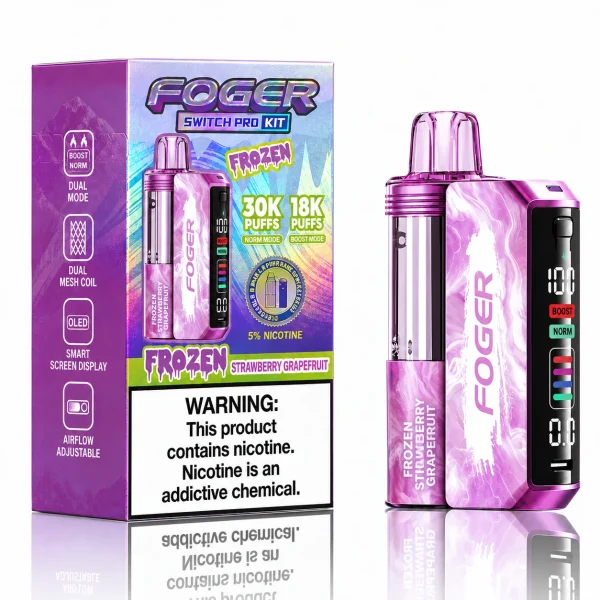 Frozen Strawberry Grapefruit Foger Switch Pro 30K disposable vape kit with smart-screen power bank and retail box — sweet strawberry, tart pink grapefruit, iced — JellyPuffs