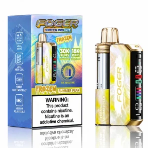 Frozen Summer Pear Foger Switch Pro 30K disposable vape kit with smart-screen power bank and retail box — soft honeyed ripe pear, iced — JellyPuffs