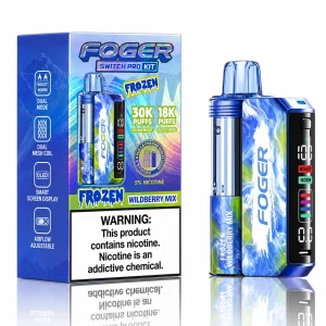 Frozen Wildberry Mix Foger Switch Pro 30K disposable vape kit with smart-screen power bank and retail box — blackberry, blueberry, raspberry, iced — JellyPuffs