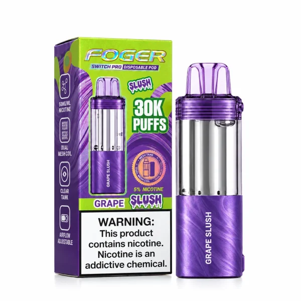 Grape Slush Foger Switch Pro 30K disposable pod and retail box — bold grape soda slushie, iced — JellyPuffs