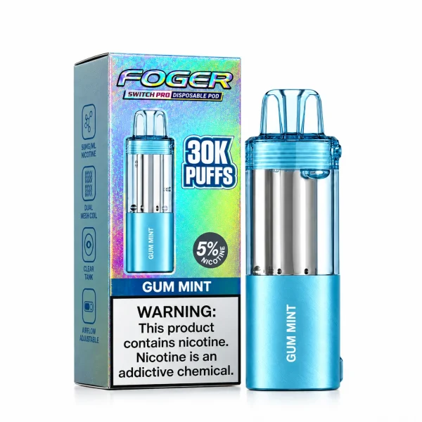 Gum Mint Foger Switch Pro 30K disposable pod and retail box — sweet chewing gum and spearmint, iced — JellyPuffs