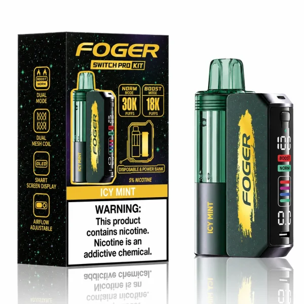 Icy Mint Foger Switch Pro 30K disposable vape kit with smart-screen power bank and retail box — maximum intensity cold menthol, iced — JellyPuffs