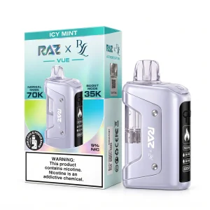 Icy Mint RAZ x RYL Vue 70K disposable vape kit, 1000mAh power bank and 17mL pod, 5% nicotine, up to 70,000 puffs, iced