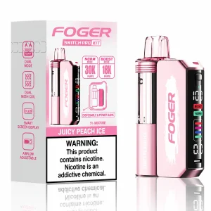 Juicy Peach Ice Foger Switch Pro 30K disposable vape kit with smart-screen power bank and retail box — sweet juicy peach, iced — JellyPuffs