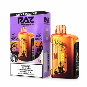 Key Lime Pie RAZ Vue 70K Halloween Edition disposable vape kit, 1000mAh power bank and 17mL pod, 5% nicotine, up to 70,000 puffs, no ice