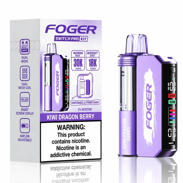 Kiwi Dragon Berry Foger Switch Pro 30K disposable vape kit with smart-screen power bank and retail box — exotic kiwi, dragon fruit and berry, no ice — JellyPuffs
