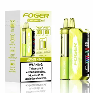 Lemon Heads Foger Switch Pro 30K disposable vape kit with smart-screen power bank and retail box — sweet-tart sour lemon candy, no ice — JellyPuffs