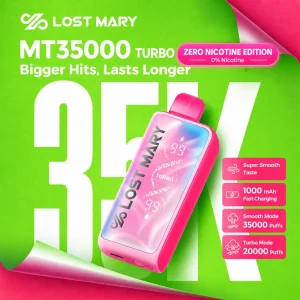 Lost Mary MT35000 Turbo Zero Nicotine Edition disposable vape, 0% nicotine, up to 35,000 puffs in Smooth Mode and 20,000 puffs in Turbo Mode