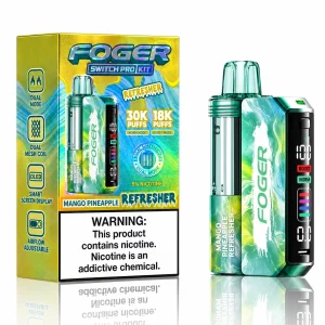 Mango Pineapple Refresher Foger Switch Pro 30K disposable vape kit with smart-screen power bank and retail box — ripe mango, tangy pineapple, no ice — JellyPuffs