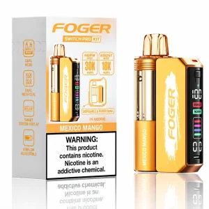 Mexico Mango Foger Switch Pro 30K disposable vape kit with smart-screen power bank and retail box — sweet juicy sun-ripened mango, no ice — JellyPuffs