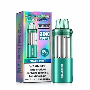 Miami Mint Foger Switch Pro 30K disposable pod and retail box — cool invigorating mint, tropical breeze, iced — JellyPuffs