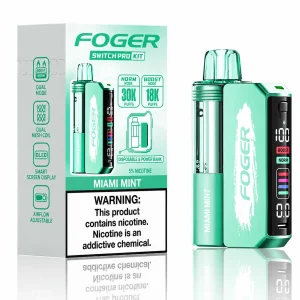 Miami Mint Foger Switch Pro 30K disposable vape kit with smart-screen power bank and retail box — cool invigorating mint, tropical breeze, iced — JellyPuffs