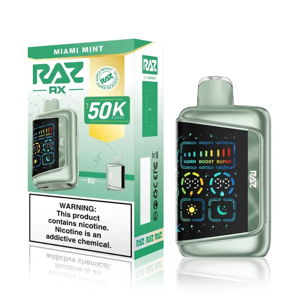 Miami Mint RAZ RX 50K disposable vape, up to 50,000 puffs, 19mL, 5% nicotine, Texas compliant, iced