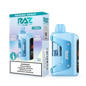 Miami Mint RAZ Vue 50K disposable vape kit, 900mAh power bank and 13mL pod, 5% nicotine, up to 50,000 puffs, iced