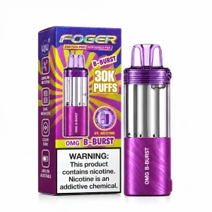 OMG B-Burst Foger Switch Pro 30K disposable pod and retail box — blackberry, raspberry and blueberry candy burst, no ice — JellyPuffs