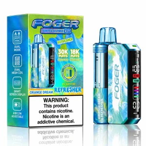 Orange Dream Refresher Foger Switch Pro 30K disposable vape kit with smart-screen power bank and retail box — zesty orange, smooth vanilla cream, no ice — JellyPuffs