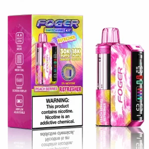 Peach Berries Refresher Foger Switch Pro 30K disposable vape kit with smart-screen power bank and retail box — ripe peach, tangy mixed berries, no ice — JellyPuffs