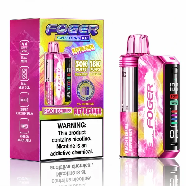 Peach Berries Refresher Foger Switch Pro 30K disposable vape kit with smart-screen power bank and retail box — ripe peach, tangy mixed berries, no ice — JellyPuffs