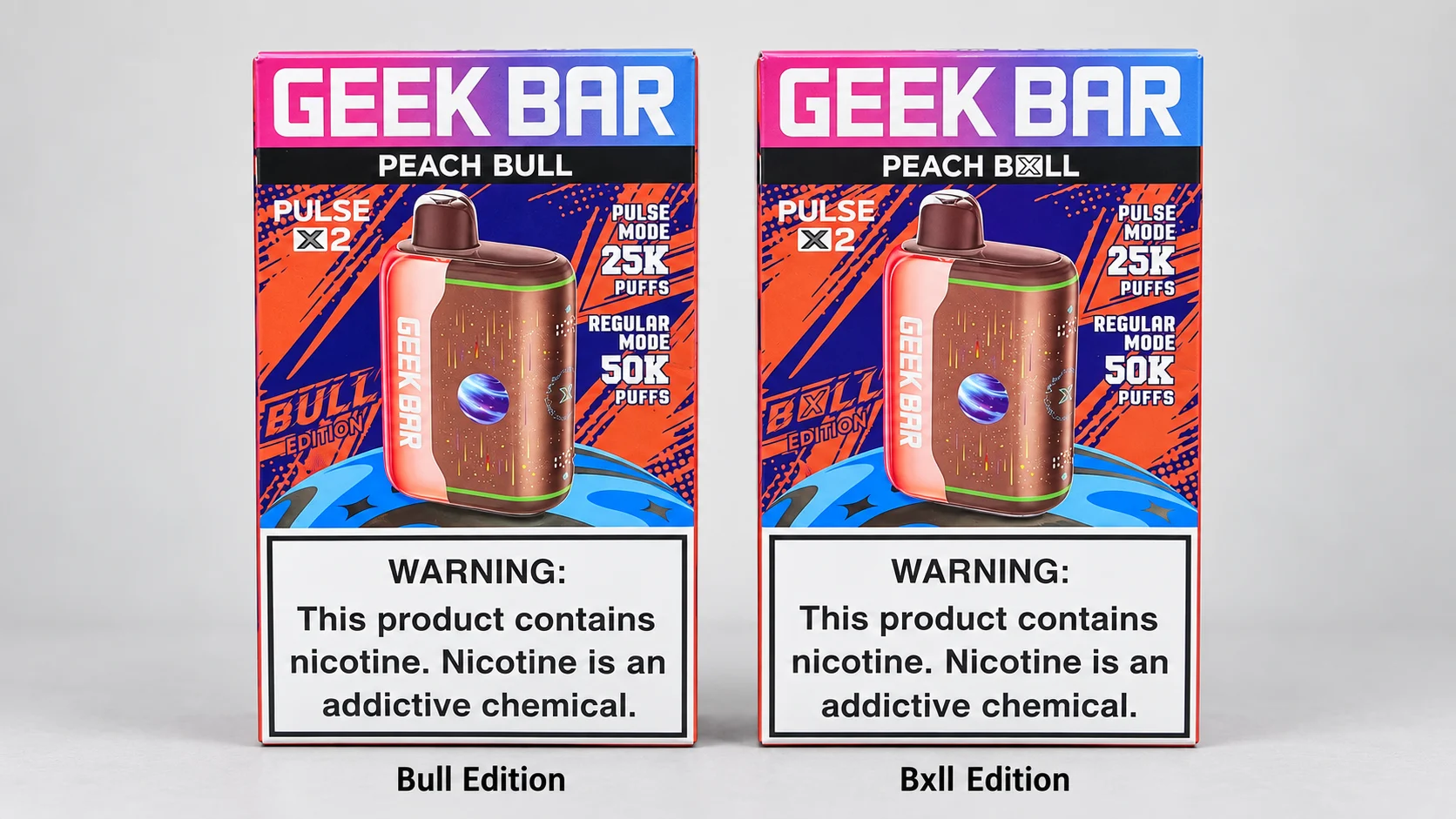 Peach Bull vs Peach Bxll Geek Bar Pulse X 2 50K retail box side-by-side comparison, same device with Bull spelled Bxll