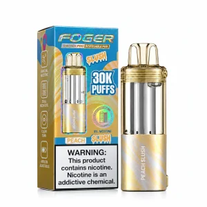 Peach Slush Foger Switch Pro 30K disposable pod and retail box — natural white peach slushie, iced — JellyPuffs