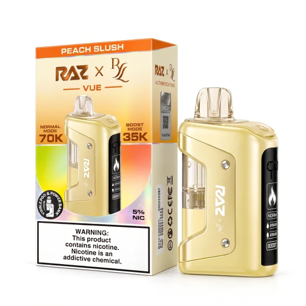 Peach Slush RAZ x RYL Vue 70K disposable vape kit, 1000mAh power bank and 17mL pod, 5% nicotine, up to 70,000 puffs, iced