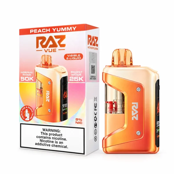 Peach Yummy RAZ Vue 50K disposable vape kit, 900mAh power bank and 13mL pod, 5% nicotine, up to 50,000 puffs, no ice